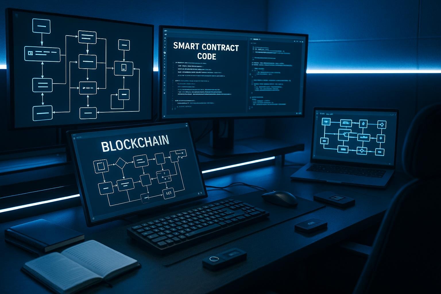 Futuristisches Arbeitszimmer mit Monitoren, Blockchain-Diagrammen, Smart Contracts, Hardware Wallets und LED-Beleuchtung