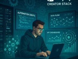 Ein Entwickler arbeitet in einem futuristischen Büro mit digitalen Bildschirmen, Server-Racks und holografischen Datenvisualisierungen, umgeben von technikgetriebenen Elementen wie Zahnrädern und Netzwerkverbindungen.