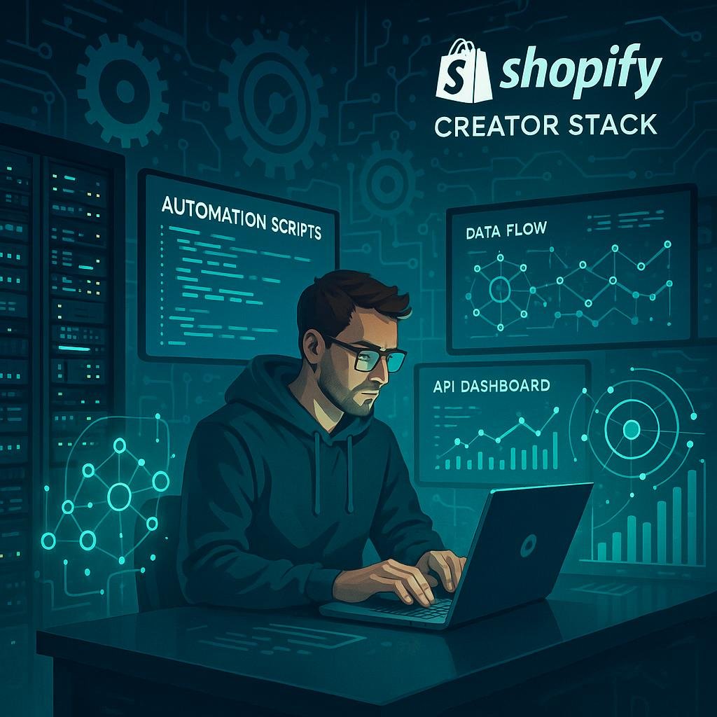 Ein Entwickler arbeitet in einem futuristischen Büro mit digitalen Bildschirmen, Server-Racks und holografischen Datenvisualisierungen, umgeben von technikgetriebenen Elementen wie Zahnrädern und Netzwerkverbindungen.