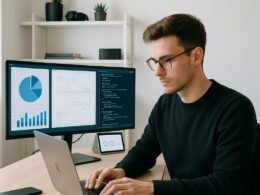 Moderner minimalistischer Arbeitsplatz in einem hell erleuchteten Homeoffice mit Laptop, digitalen Tools, Bildschirmen und Tech-Gadgets, umgeben von Regalen. Foto von Tobias Hager, 404 Magazine.