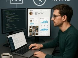 Forscher an einem modernen Arbeitsplatz mit Monitoren, die Code, Instagram-Profile und Diagramme zeigen, um Daten zu scrapen und zu analysieren