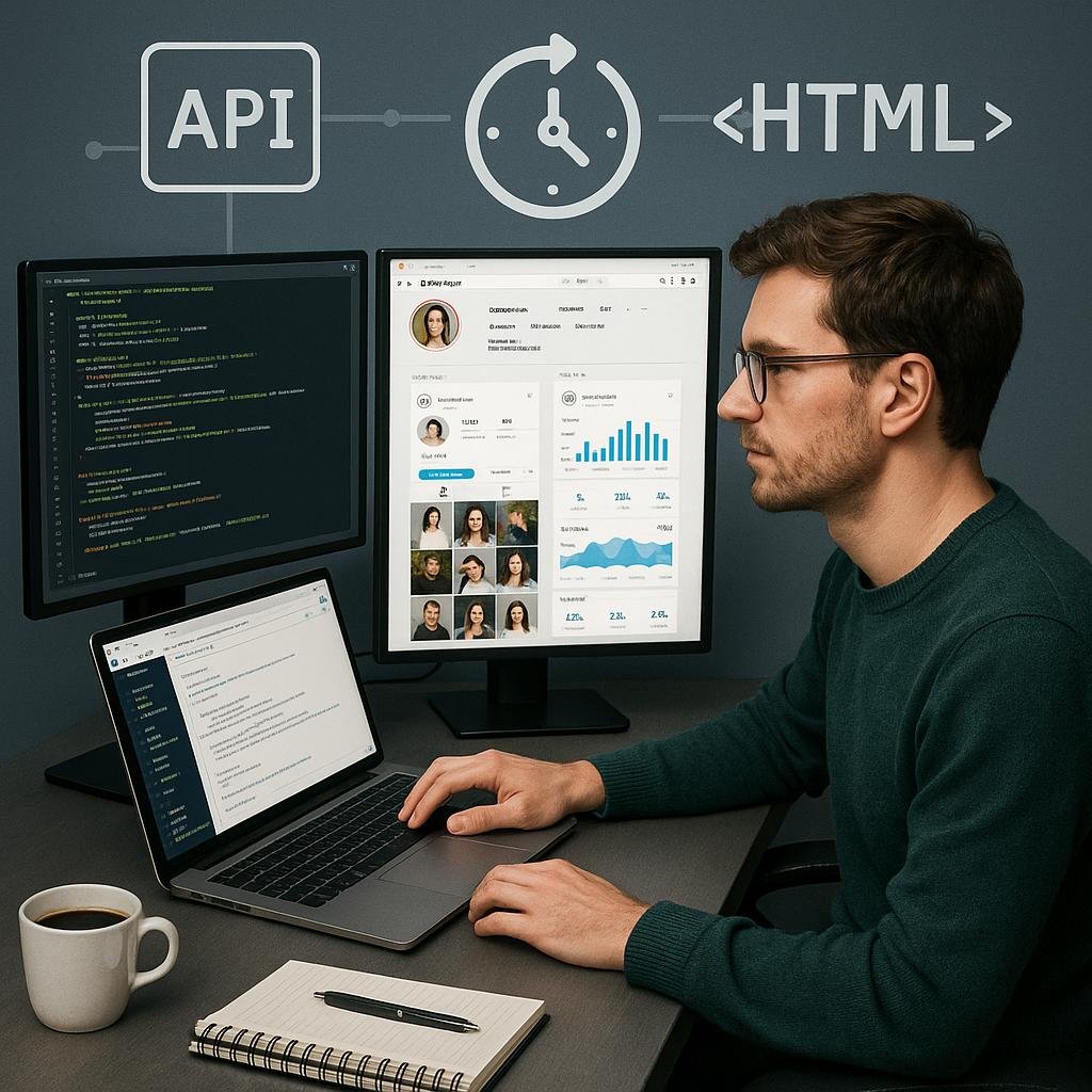 Forscher an einem modernen Arbeitsplatz mit Monitoren, die Code, Instagram-Profile und Diagramme zeigen, um Daten zu scrapen und zu analysieren