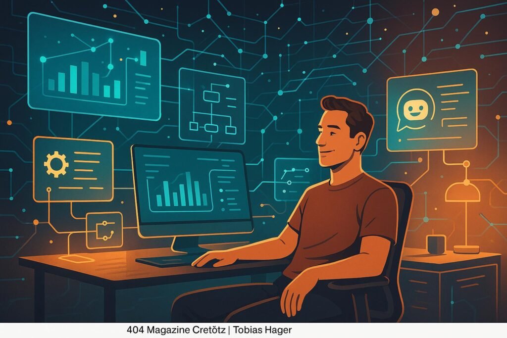 Futuristisches Home-Office mit holographischen Screens, digitalen Netzwerken und moderner Beleuchtung für Solopreneuren, Credit: 404 Magazine (Tobias Hager)