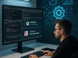Entwickler vor einem großen Computerbildschirm mit offenen Code- und Web-Entwicklertools in einem modernen, minimalistisch gestalteten Raum mit Digitaldiagrammen und Netzwerk-Icons.
