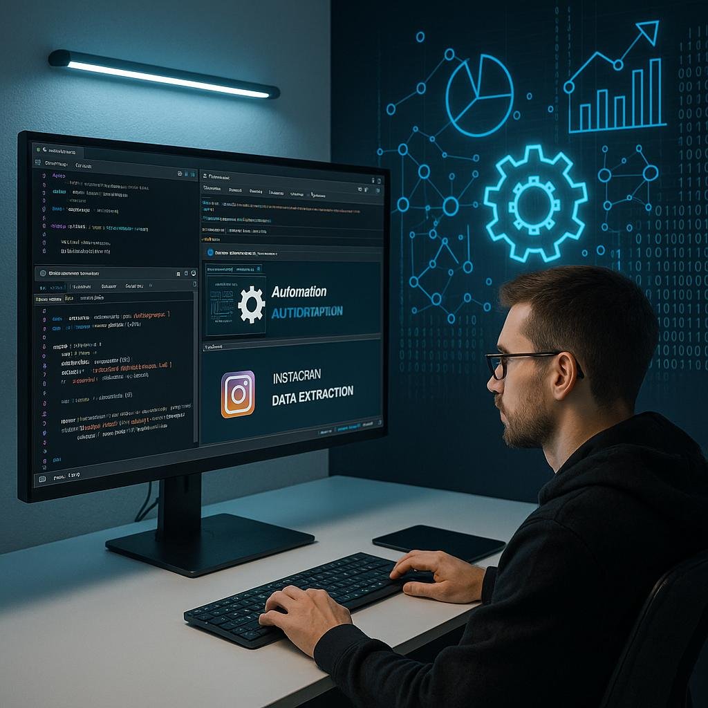 Entwickler vor einem großen Computerbildschirm mit offenen Code- und Web-Entwicklertools in einem modernen, minimalistisch gestalteten Raum mit Digitaldiagrammen und Netzwerk-Icons.