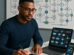 Selbstständiger Unternehmer arbeitet an einem modernen Arbeitsplatz mit digitalen Geräten und Whiteboard voller Workflow-Diagramme