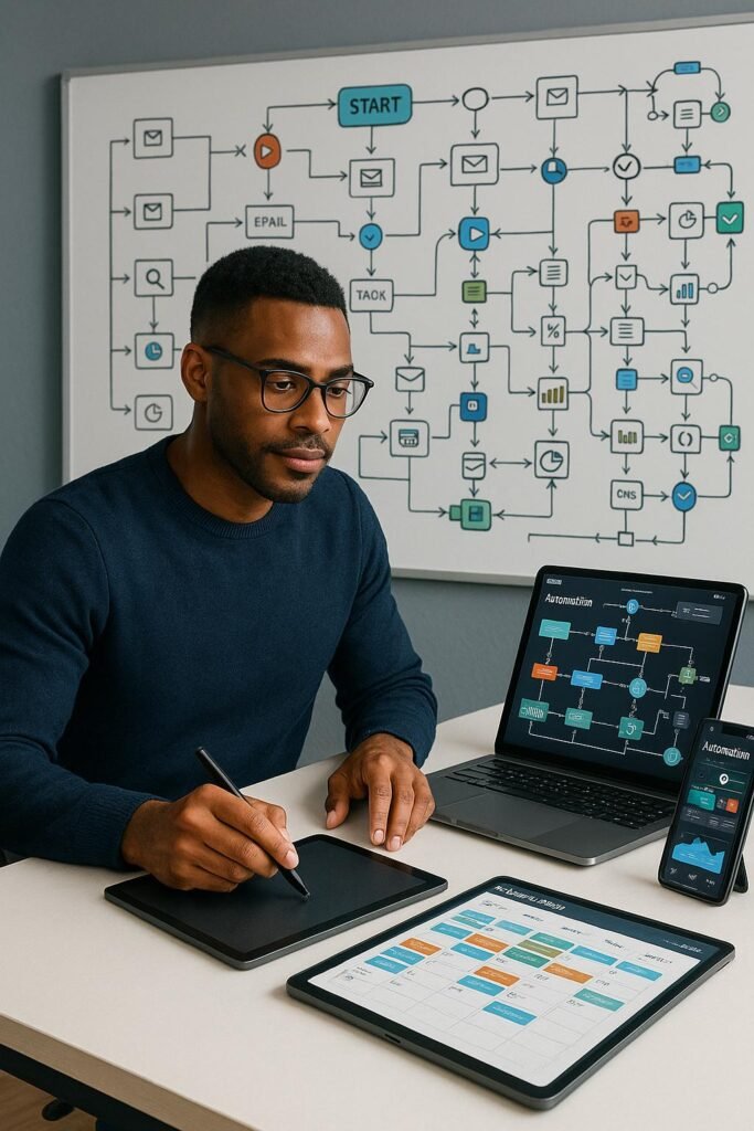 Selbstständiger Unternehmer arbeitet an einem modernen Arbeitsplatz mit digitalen Geräten und Whiteboard voller Workflow-Diagramme