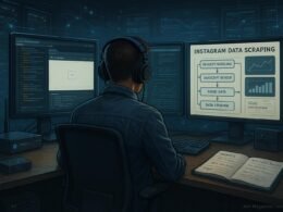 Detailreiche digitale Kunstszene eines Arbeitsplatzes mit Monitoren, Code, Browserfenstern, Graphen und technischen Tools für Instagram-Datenextraktion, im Hintergrund Hochtechnologie-Umgebung. Credit: 404 Magazine (Tobias Hager)