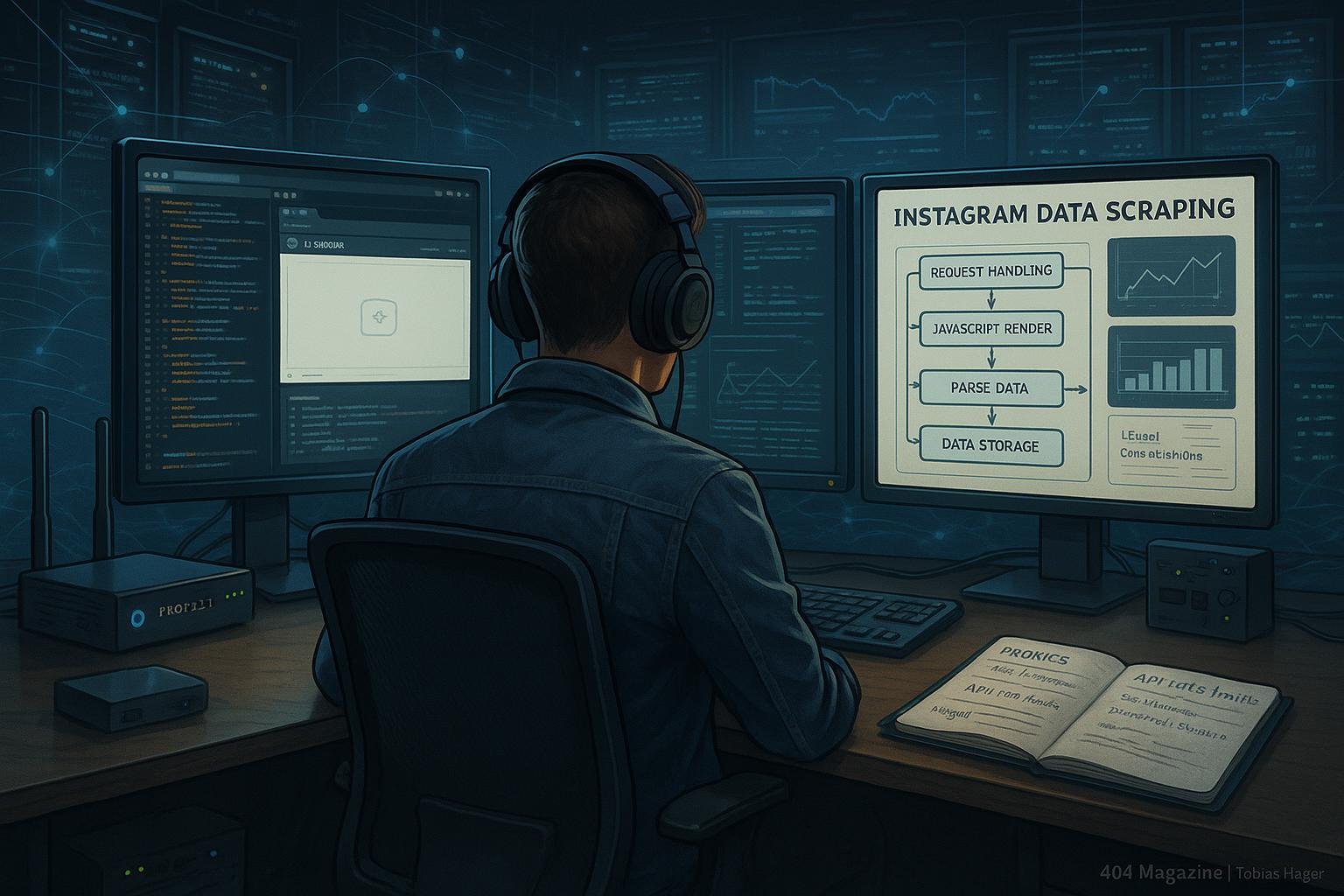 Detailreiche digitale Kunstszene eines Arbeitsplatzes mit Monitoren, Code, Browserfenstern, Graphen und technischen Tools für Instagram-Datenextraktion, im Hintergrund Hochtechnologie-Umgebung. Credit: 404 Magazine (Tobias Hager)
