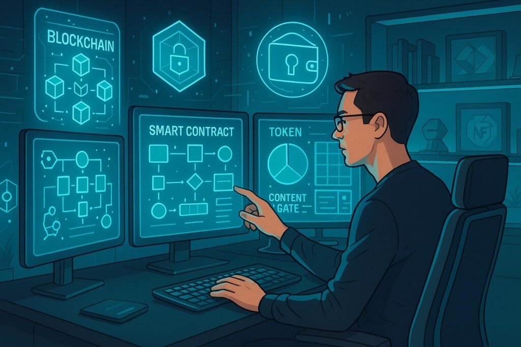 Futuristischer digitaler Arbeitsplatz mit Solopreneur, der Blockchain-Visualisierungen und holografische Sicherheitselemente zeigt