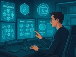 Futuristischer digitaler Arbeitsplatz mit Solopreneur, der Blockchain-Visualisierungen und holografische Sicherheitselemente zeigt