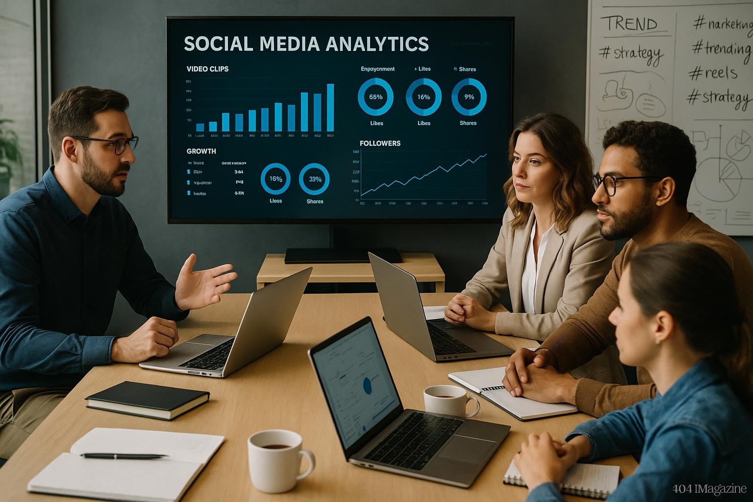 Team bei strategischer Social-Media-Analyse in modernem Büro mit großem Bildschirm und Whiteboards im Hintergrund