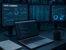 Modernes Arbeitssetup für Voice Commerce mit Laptop, mehreren Monitoren, Server-Racks und technischer Ausstattung, beleuchtet in Blau und Grün.