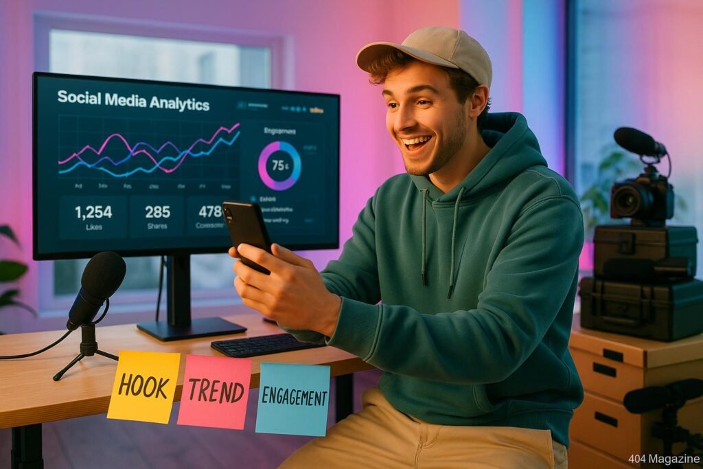 Junger Content-Creator in trendiger Kleidung vor einem Bildschirm mit Social-Media-Analytics, umgeben von Kamera-Equipment und Notizzetteln, im modernen, gut beleuchteten Büro mit bunten Lichteffekten.