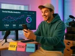 Junger Content-Creator in trendiger Kleidung vor einem Bildschirm mit Social-Media-Analytics, umgeben von Kamera-Equipment und Notizzetteln, im modernen, gut beleuchteten Büro mit bunten Lichteffekten.