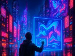 Futuristische Stadt bei Nacht mit Neonlichtern, holografischen Anzeigen und einem digitalen Künstler, der mit einer Hologramm-Schnittstelle interagiert