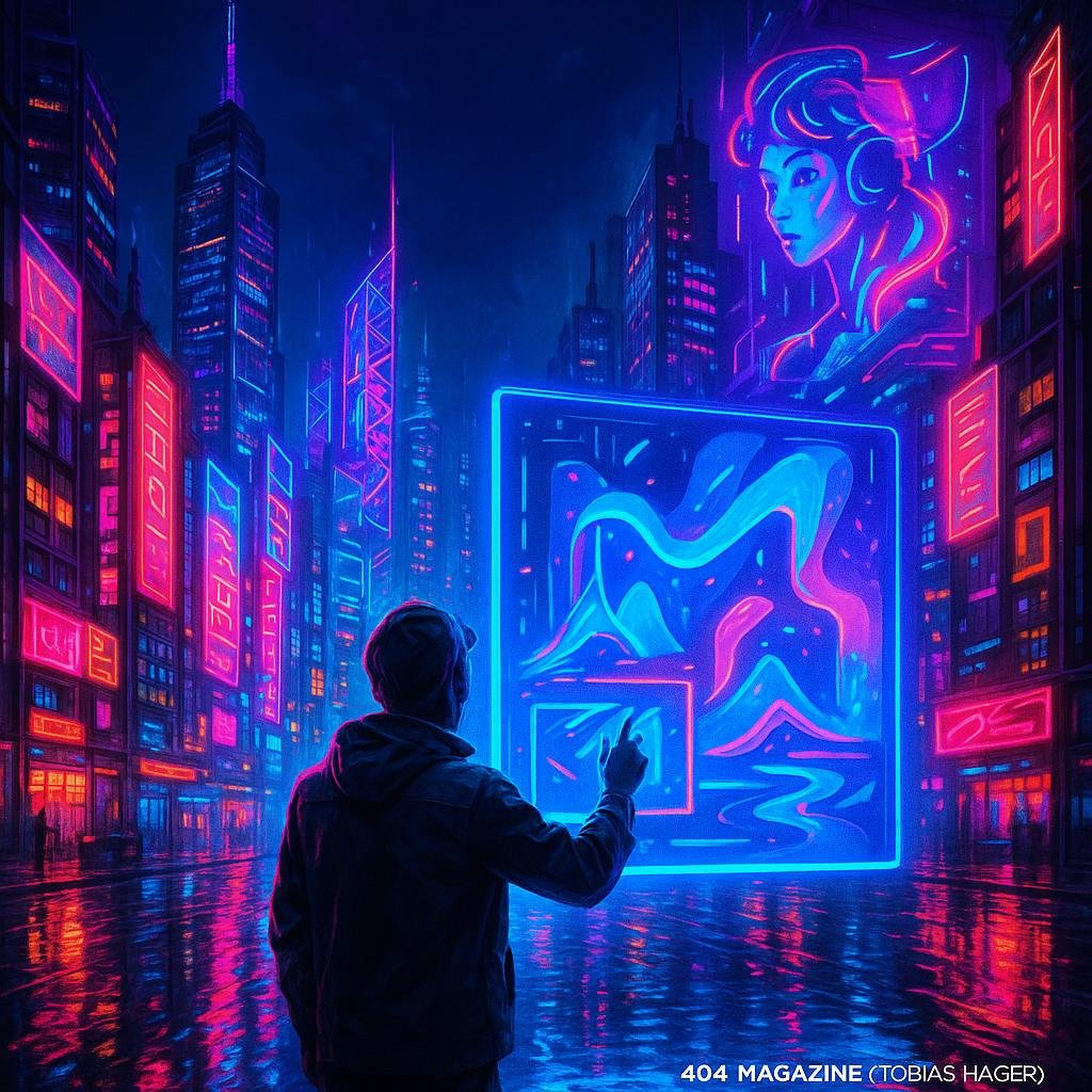 Futuristische Stadt bei Nacht mit Neonlichtern, holografischen Anzeigen und einem digitalen Künstler, der mit einer Hologramm-Schnittstelle interagiert