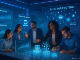 Futuristisches Büro mit holografischen Bildschirmen, Teamarbeit und KI-Technologie