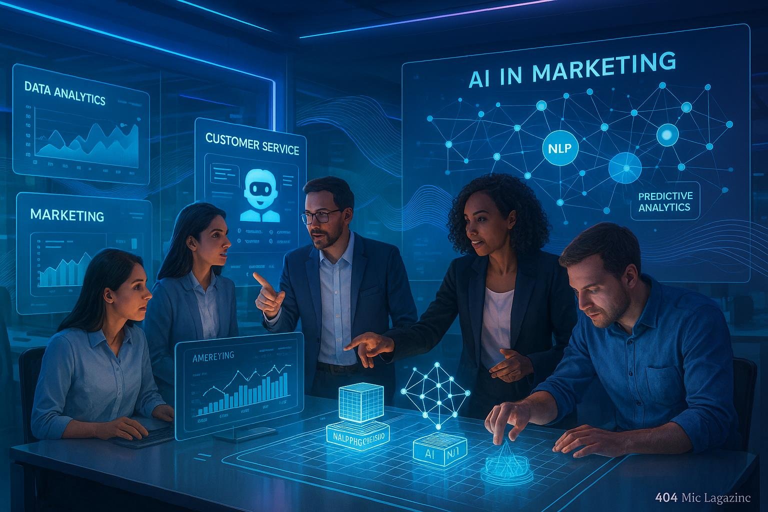 Futuristisches Büro mit holografischen Bildschirmen, Teamarbeit und KI-Technologie