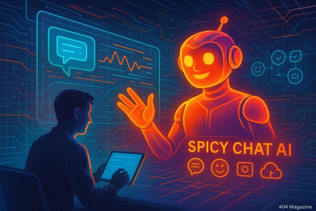 Holografischer Chatbot in einem futuristischen Kontrollraum mit transparenten Displays und digitalen Visualisierungen, Person mit Tablet im Vordergrund.