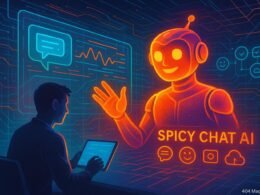 Holografischer Chatbot in einem futuristischen Kontrollraum mit transparenten Displays und digitalen Visualisierungen, Person mit Tablet im Vordergrund.