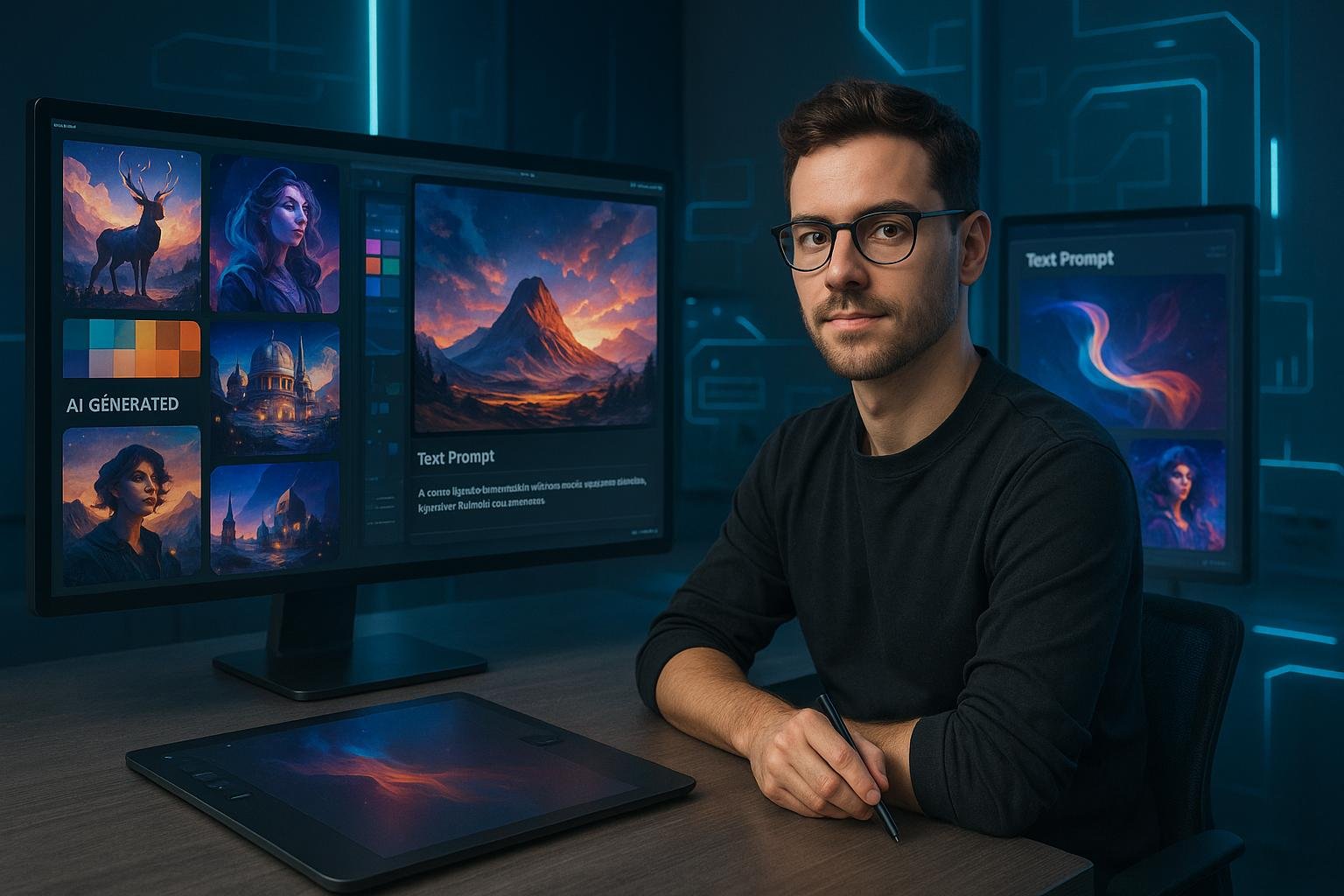 Kreativer Profi an einem modernen Schreibtisch mit mehreren Bildschirmen, displaying KI-generierte Bilder und holographische Interfaces, umgeben von futuristischen Elementen in einem minimalistischen Büro.
