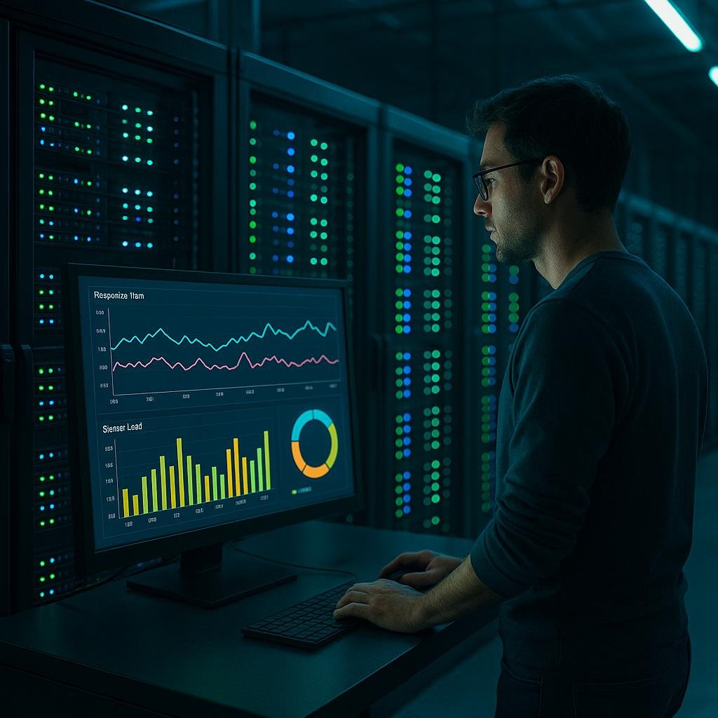 Techniker im High-Tech Serverraum mit blauen und grünen Lichtern, der die Serverleistung auf einem Monitor überwacht.