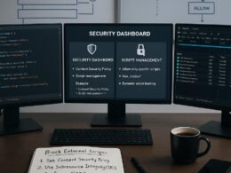 Arbeitsplatz eines Webentwicklers mit Monitoren, Notizbuch, Kaffeetasse und Whiteboard, das Sicherheitsprozesse zeigt