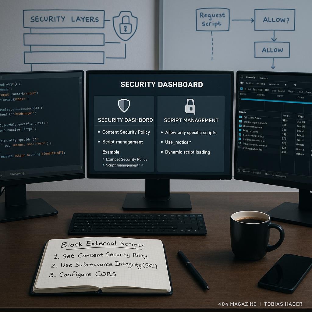 Arbeitsplatz eines Webentwicklers mit Monitoren, Notizbuch, Kaffeetasse und Whiteboard, das Sicherheitsprozesse zeigt