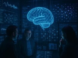 Ein dunkler Hightech-Kontrollraum mit leuchtenden Bildschirmen und holographischen neuronalen Netzwerken, zentrale digitale Gehirnprojektion im Mittelpunkt, von Forschern beobachtet, mit Neonblau- und Lilatönen, inspiriert von Tobias Hager für 404 Magazine.