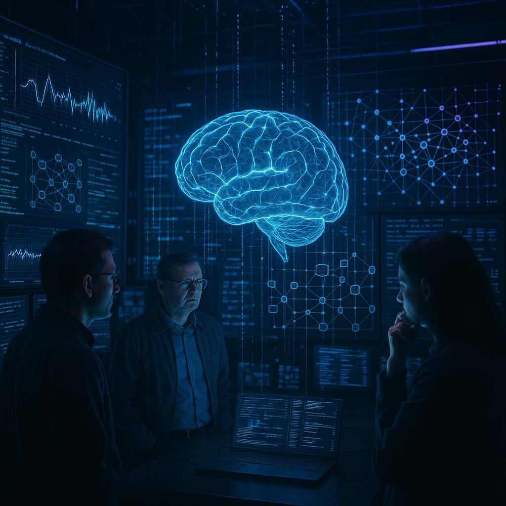 Ein dunkler Hightech-Kontrollraum mit leuchtenden Bildschirmen und holographischen neuronalen Netzwerken, zentrale digitale Gehirnprojektion im Mittelpunkt, von Forschern beobachtet, mit Neonblau- und Lilatönen, inspiriert von Tobias Hager für 404 Magazine.