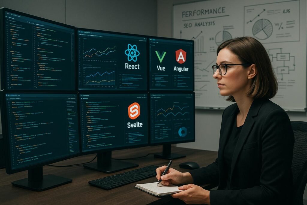 Moderner technischer Arbeitsplatz mit Monitoren, Diagrammen und Whiteboards, umgeben von technischen Visualisierungen und einem Marketing-Profi im Vordergrund