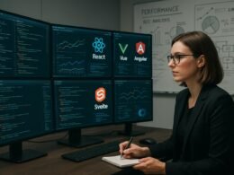 Moderner technischer Arbeitsplatz mit Monitoren, Diagrammen und Whiteboards, umgeben von technischen Visualisierungen und einem Marketing-Profi im Vordergrund