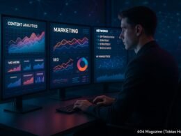 Futuristischer Büroarbeitsplatz mit mehreren Monitoren, die Datenvisualisierungen, Analysen und KI-Dashboards zeigen, ein Fokus auf Innovation und datengetriebene Entscheidungsfindung