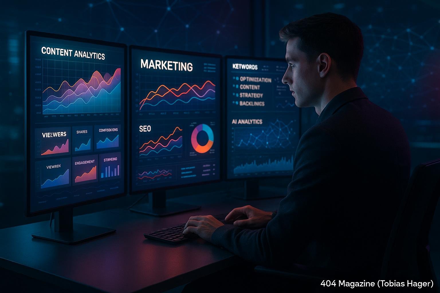 Futuristischer Büroarbeitsplatz mit mehreren Monitoren, die Datenvisualisierungen, Analysen und KI-Dashboards zeigen, ein Fokus auf Innovation und datengetriebene Entscheidungsfindung