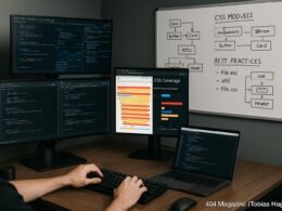 Modernes Arbeitsplatzbild mit Entwickler, mehreren Monitoren, Code, CSS Coverage Analyse und Whiteboard mit CSS-Strukturdiagrammen, Credit: 404 Magazine (Tobias Hager)