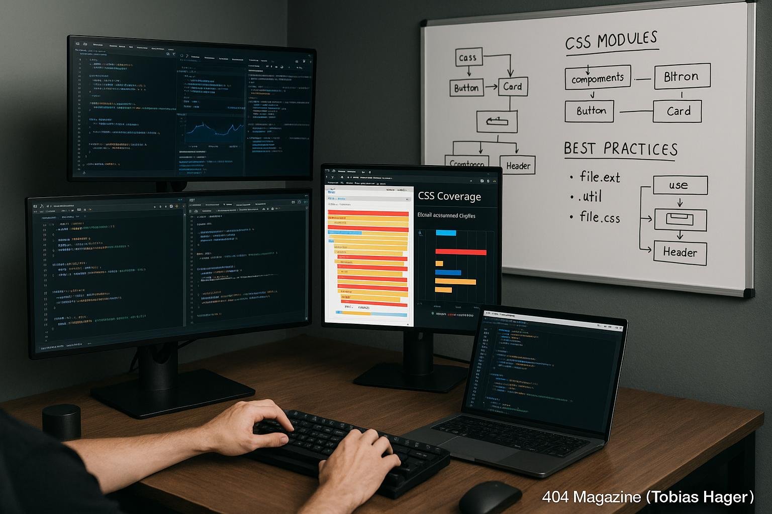 Modernes Arbeitsplatzbild mit Entwickler, mehreren Monitoren, Code, CSS Coverage Analyse und Whiteboard mit CSS-Strukturdiagrammen, Credit: 404 Magazine (Tobias Hager)