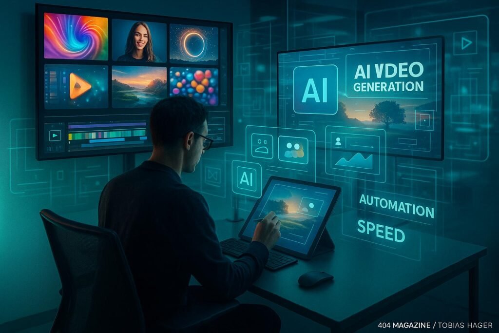 Futuristisches Editing-Studio mit großen Bildschirmen, holographischen Elementen und digitaler Arbeitsstation, symbolisiert die Nutzung von KI in der Videoproduktion