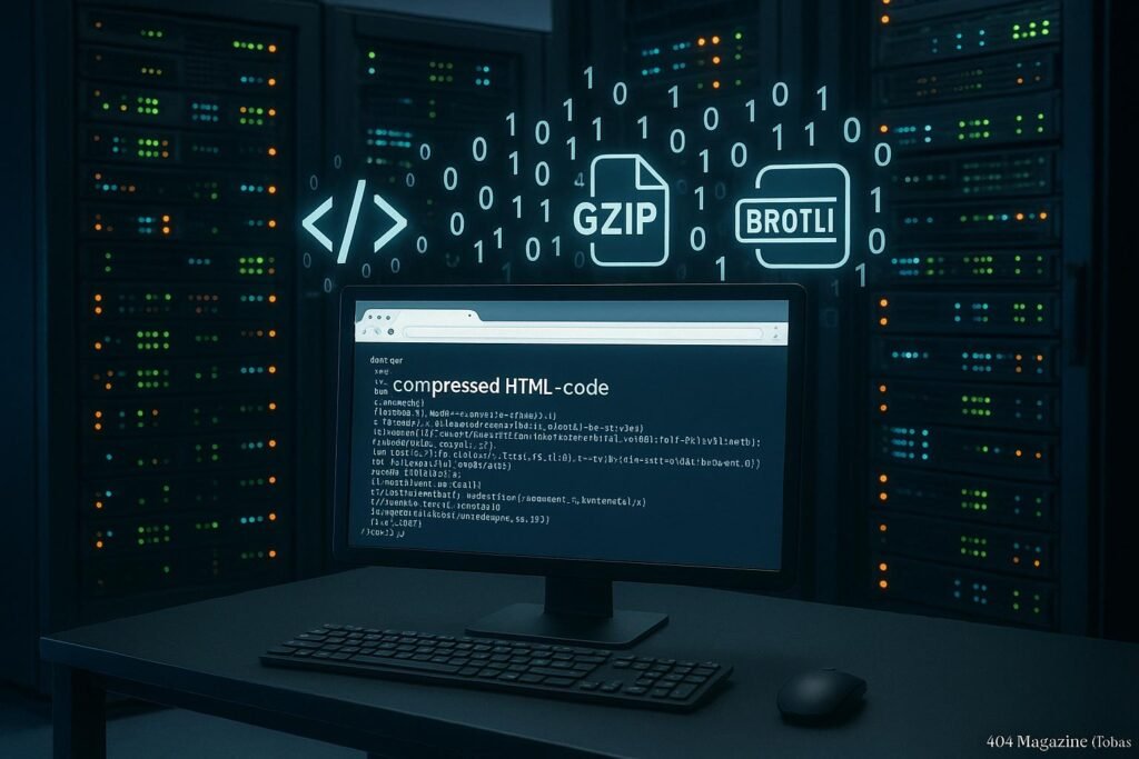 Modernes Serverraum-Setting mit Serverracks, LED-Anzeigen und einem Desktop-Monitor, der HTML-Code zeigt, umgeben von digitalen Daten- und Komprimierungssymbolen.