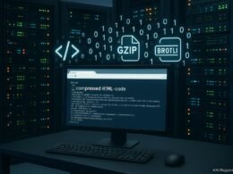 Modernes Serverraum-Setting mit Serverracks, LED-Anzeigen und einem Desktop-Monitor, der HTML-Code zeigt, umgeben von digitalen Daten- und Komprimierungssymbolen.