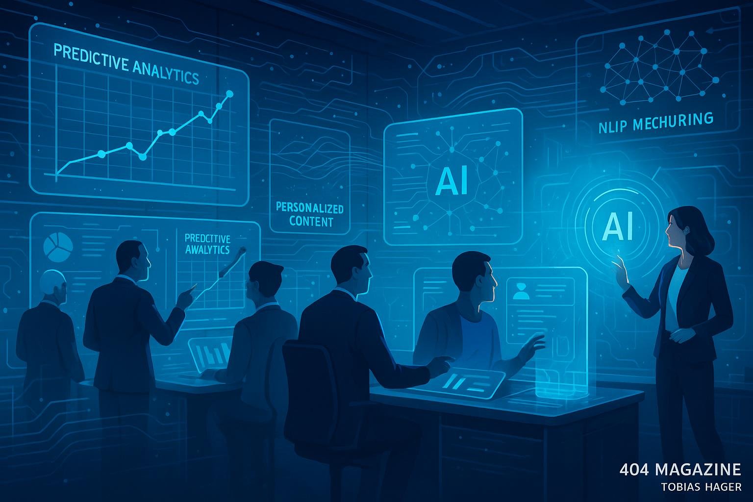 Futuristische Control Room mit Marketingprofis, die KI-Daten visualisieren und holographische Interfaces nutzen