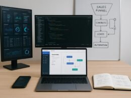 Moderner Arbeitsplatz mit mehreren Bildschirmen, Whiteboard mit Flussdiagramm, Laptop, Smartphone und Notizbuch in einer hellen, minimalistischen Umgebung