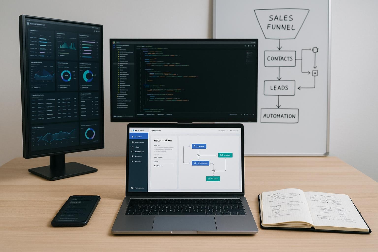 Moderner Arbeitsplatz mit mehreren Bildschirmen, Whiteboard mit Flussdiagramm, Laptop, Smartphone und Notizbuch in einer hellen, minimalistischen Umgebung
