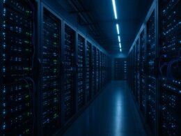 Hochmoderne Serverraum mit blauen LED-Leuchten, Serverracks und blinkender Technik, präsentiert von 404 Magazin (Tobias Hager).