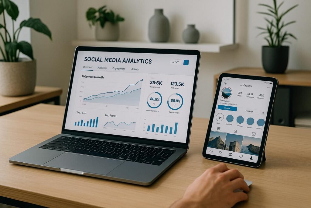 Modernes Büro mit Laptop, Tablet und Social-Media-Diagrammen, umgeben von Pflanzen und hellem Licht, strahlt Effizienz und technisches Know-how aus.