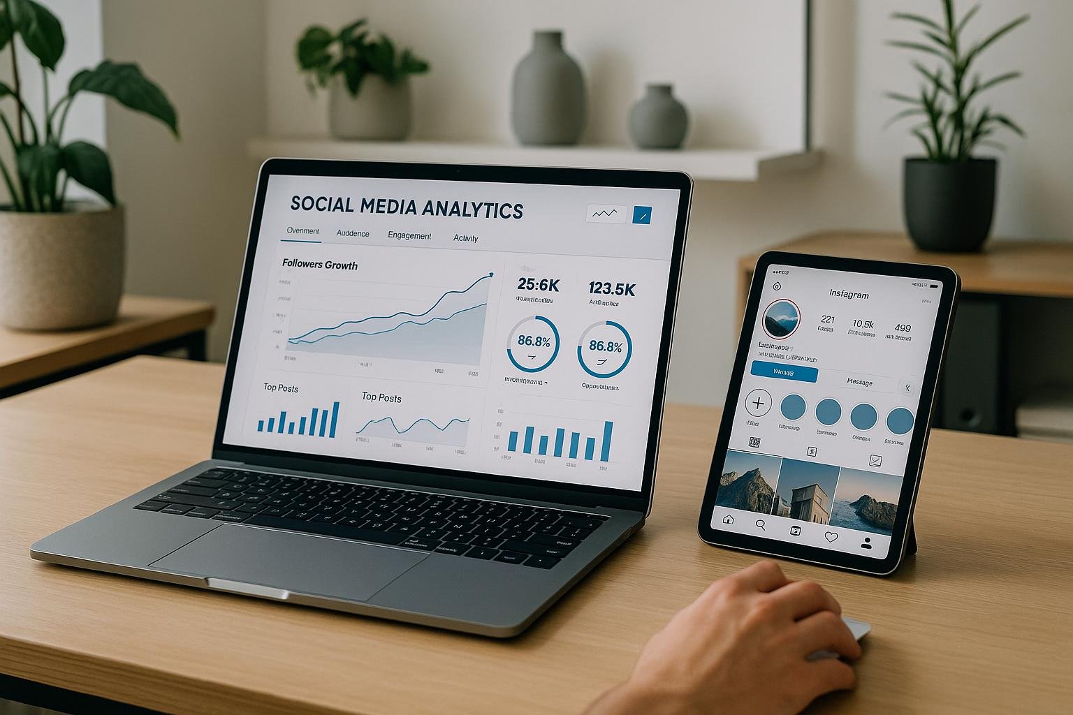 Modernes Büro mit Laptop, Tablet und Social-Media-Diagrammen, umgeben von Pflanzen und hellem Licht, strahlt Effizienz und technisches Know-how aus.