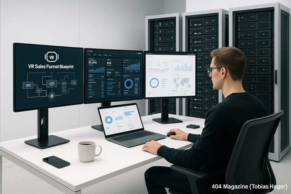 Hochmodernes minimalistisches Arbeitssetup mit mehreren Monitoren, Server-Racks im Hintergrund, technischen Gadgets und Kaffeetasse auf dem Schreibtisch, symbolisiert Effizienz und technologischen Fokus.