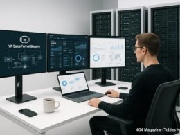 Hochmodernes minimalistisches Arbeitssetup mit mehreren Monitoren, Server-Racks im Hintergrund, technischen Gadgets und Kaffeetasse auf dem Schreibtisch, symbolisiert Effizienz und technologischen Fokus.
