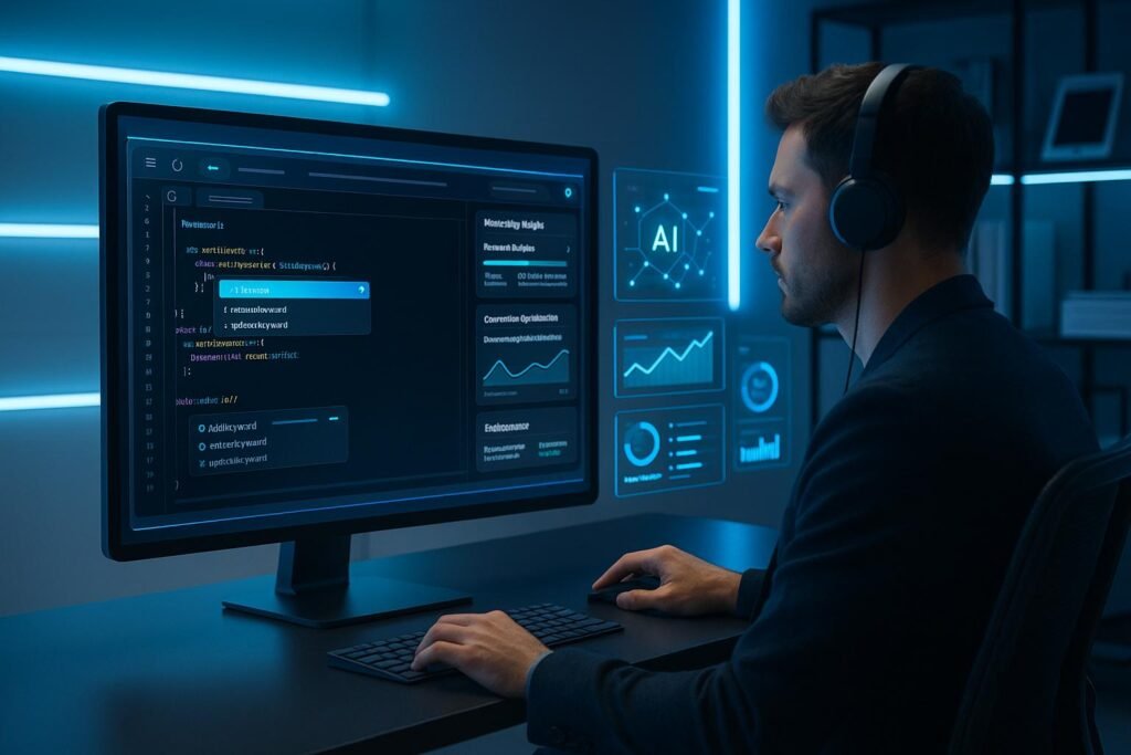 Futuristischer Entwicklerarbeitsplatz mit holografischen Daten, KI-Animationen und großem Monitor im minimalistischen Studio, gestaltet mit blauen und weißen Neon-Akzenten. Ein Entwickler arbeitet konzentriert mit Kopfhörer.