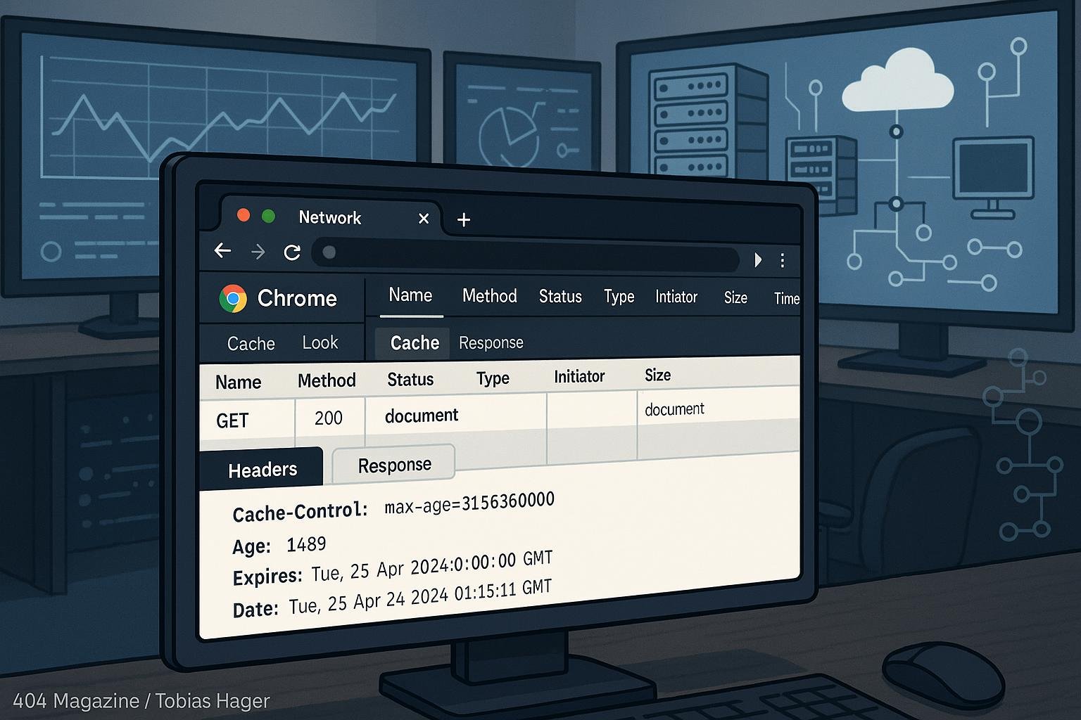 Modernes Büro mit großen Monitoren, technische Analysen, Network-Tools und Chrome-Entwicklertools, symbolisiert professionelle Fehlerdiagnose in Web-Performance.